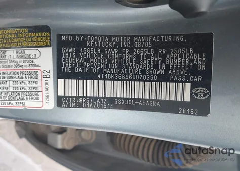 2006 Toyota Avalon Xls z USA, uszkodzony, nr VIN 4T1BK36B96U070350